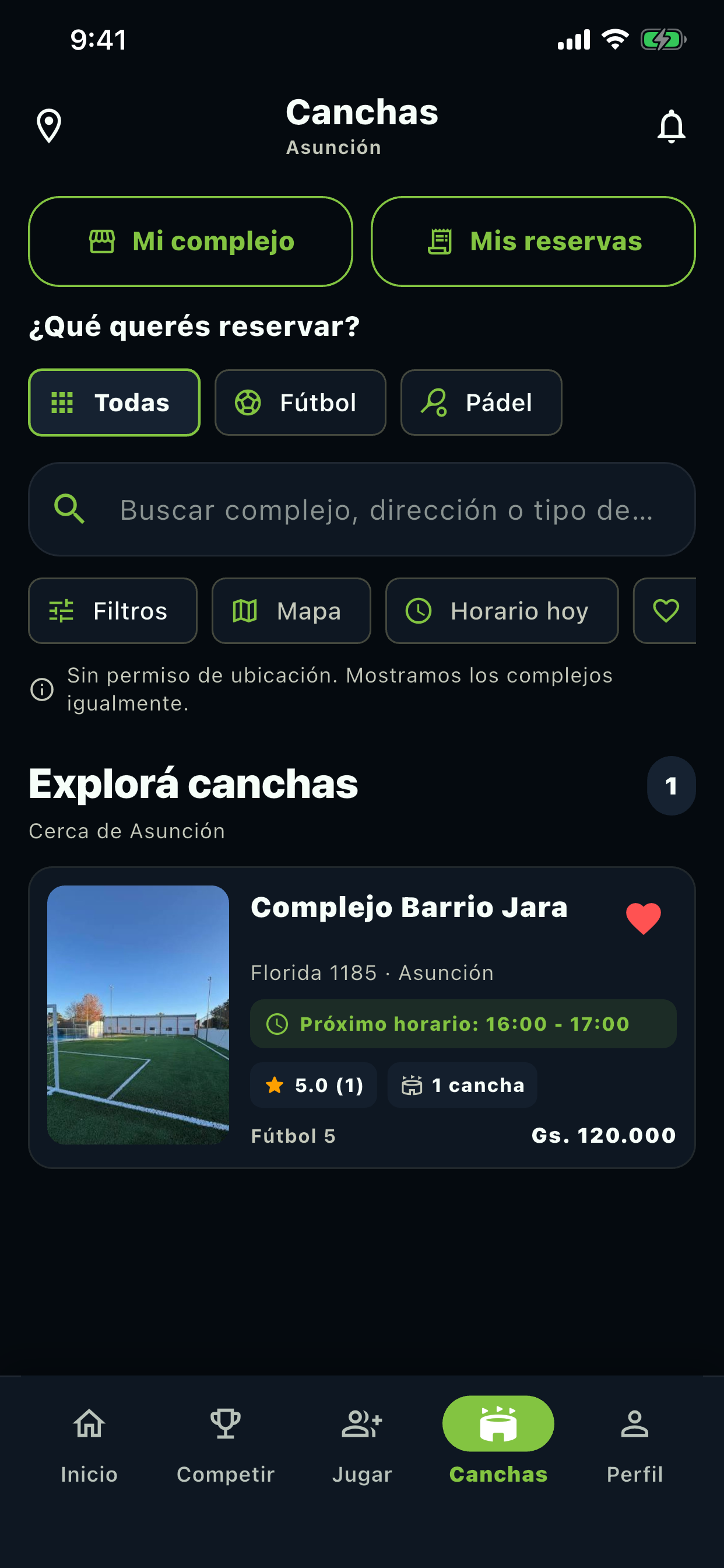 Búsqueda real de canchas por deporte en la aplicación móvil Otra Copa