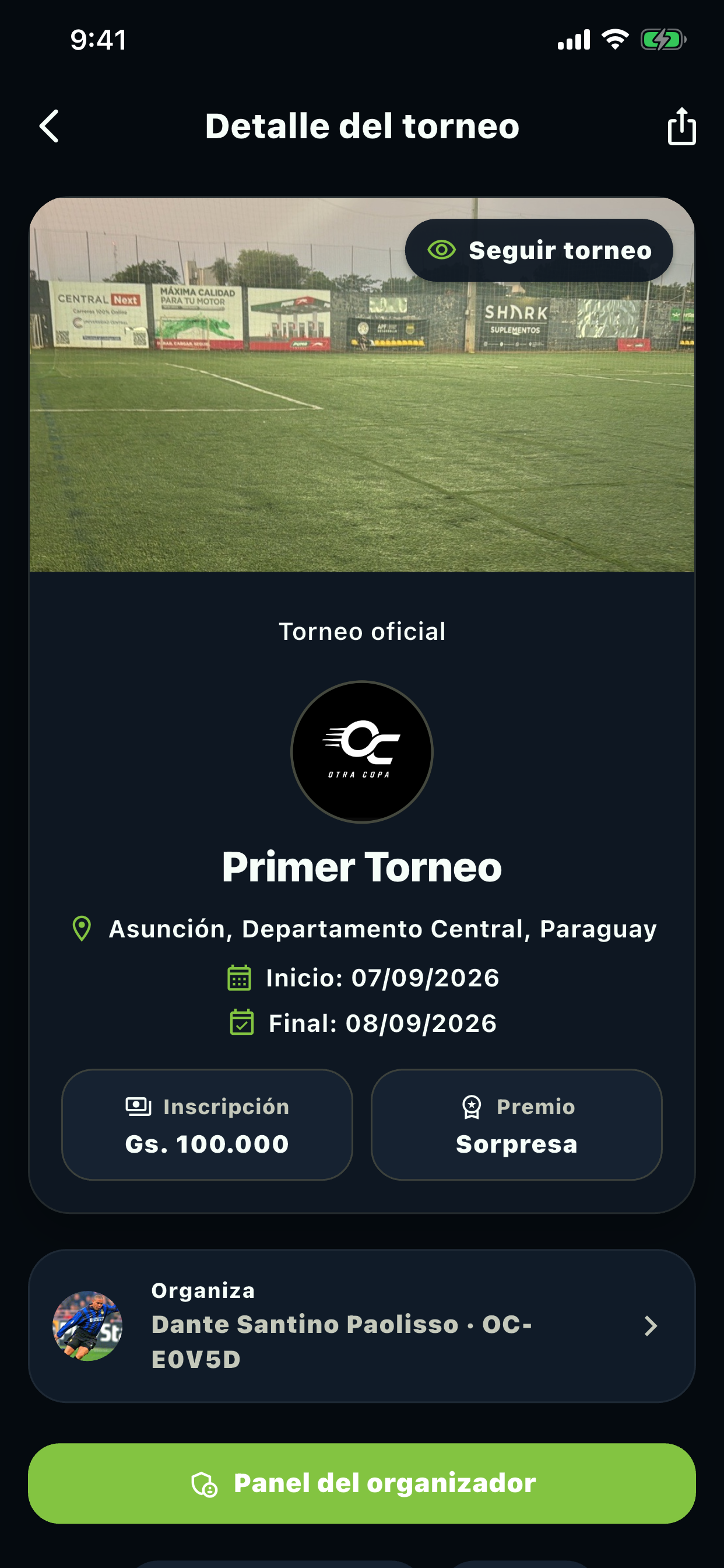 Detalle real de un torneo visto en la aplicación móvil Otra Copa