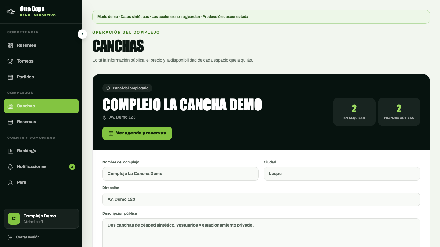 Gestión de complejos, canchas y precios en Otra Copa Web