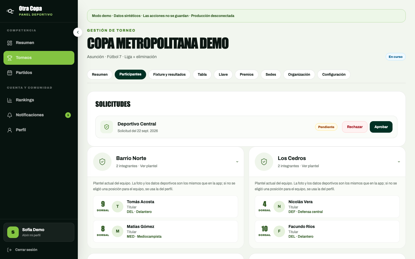 Equipos participantes en el panel web del torneo de demostración